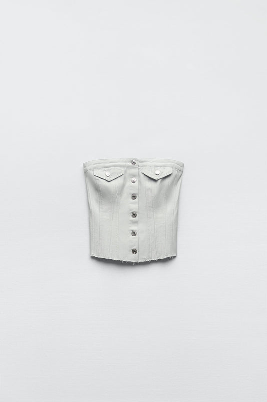 ZARA SILVER DENIM CORSET TOP | ZARA CORSET WOMEN