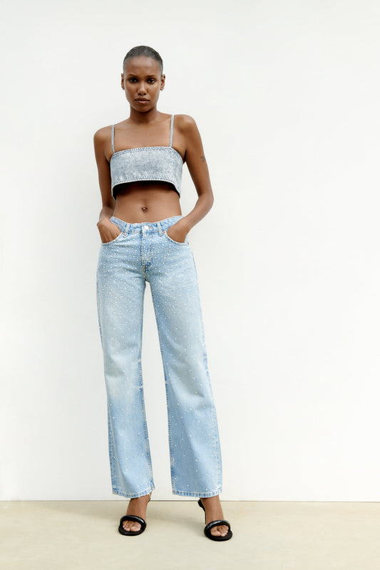 ZARA DENIM CROP TOP WITH RHINESTONES