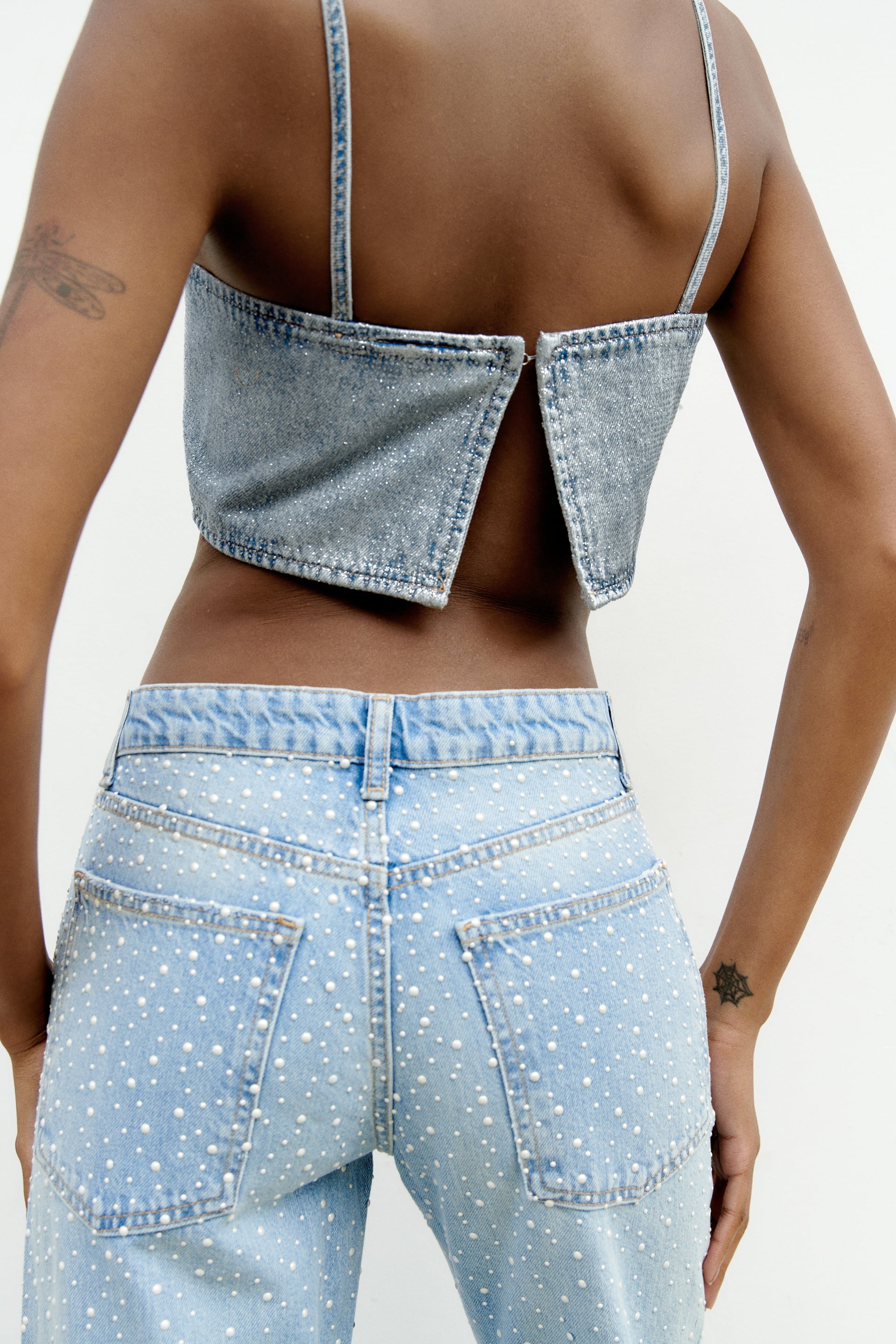 ZARA DENIM INDIGO JEWELED TOP orders