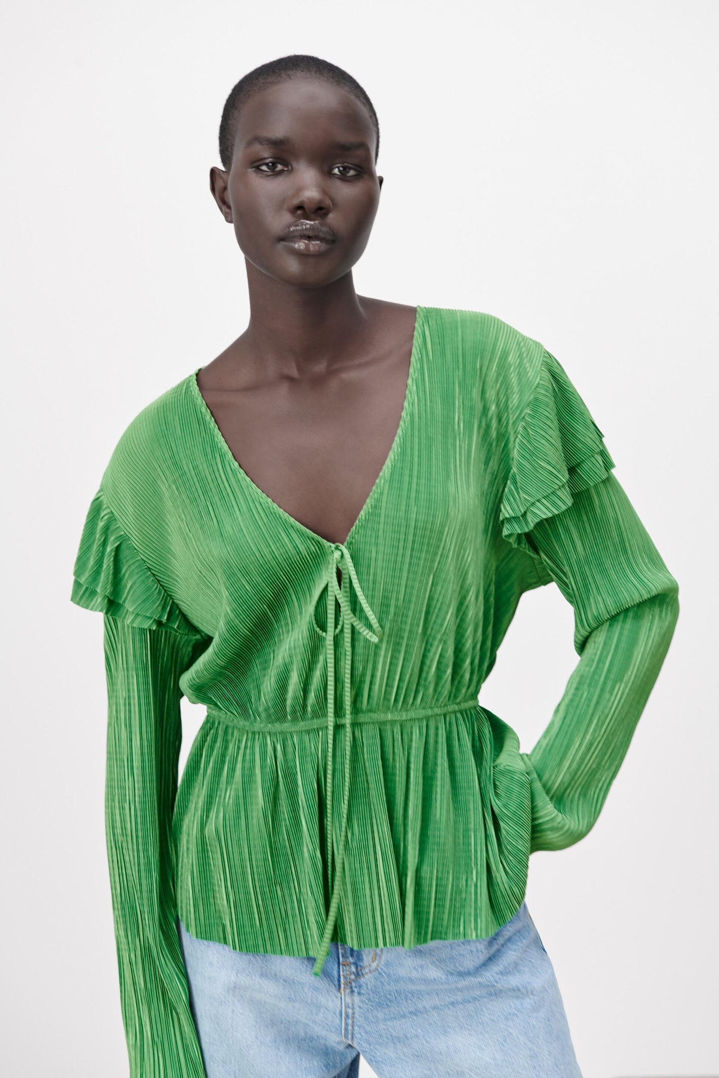 ZARA RUFFLED PLEATED BLOUSE | EMERALD GREEN