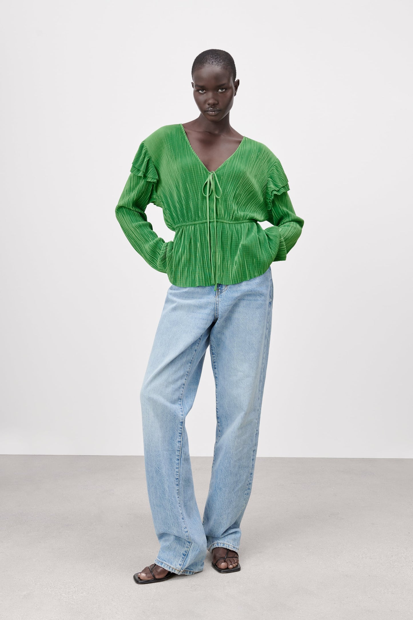 ZARA RUFFLED PLEATED BLOUSE | EMERALD GREEN