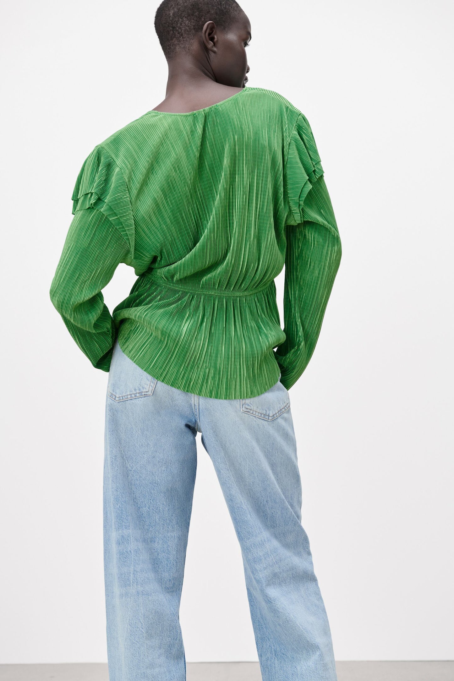 ZARA RUFFLED PLEATED BLOUSE | EMERALD GREEN