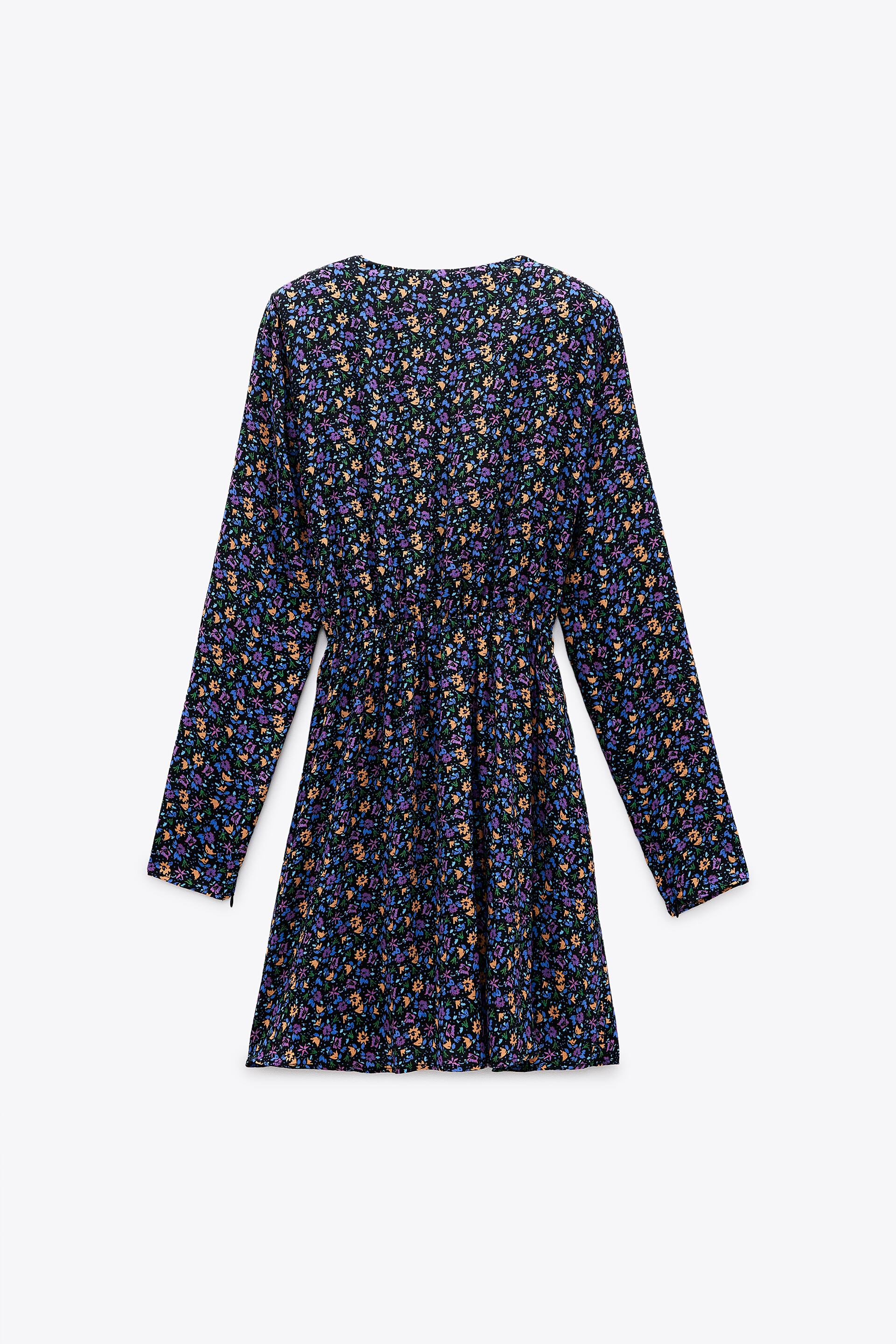 New Zara sold Black Blue Floral Print Long Sleeve V Neck Mini Dress Shoulder Pads M